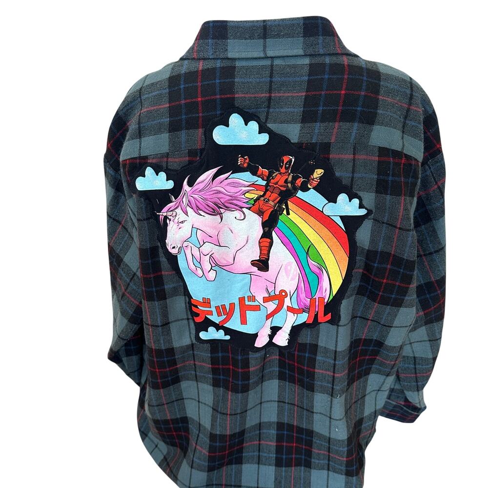 Deadpool Plaid Flannel Shirt XL Oversized Unicorn Rainbow Upcycle Unique Marvel
